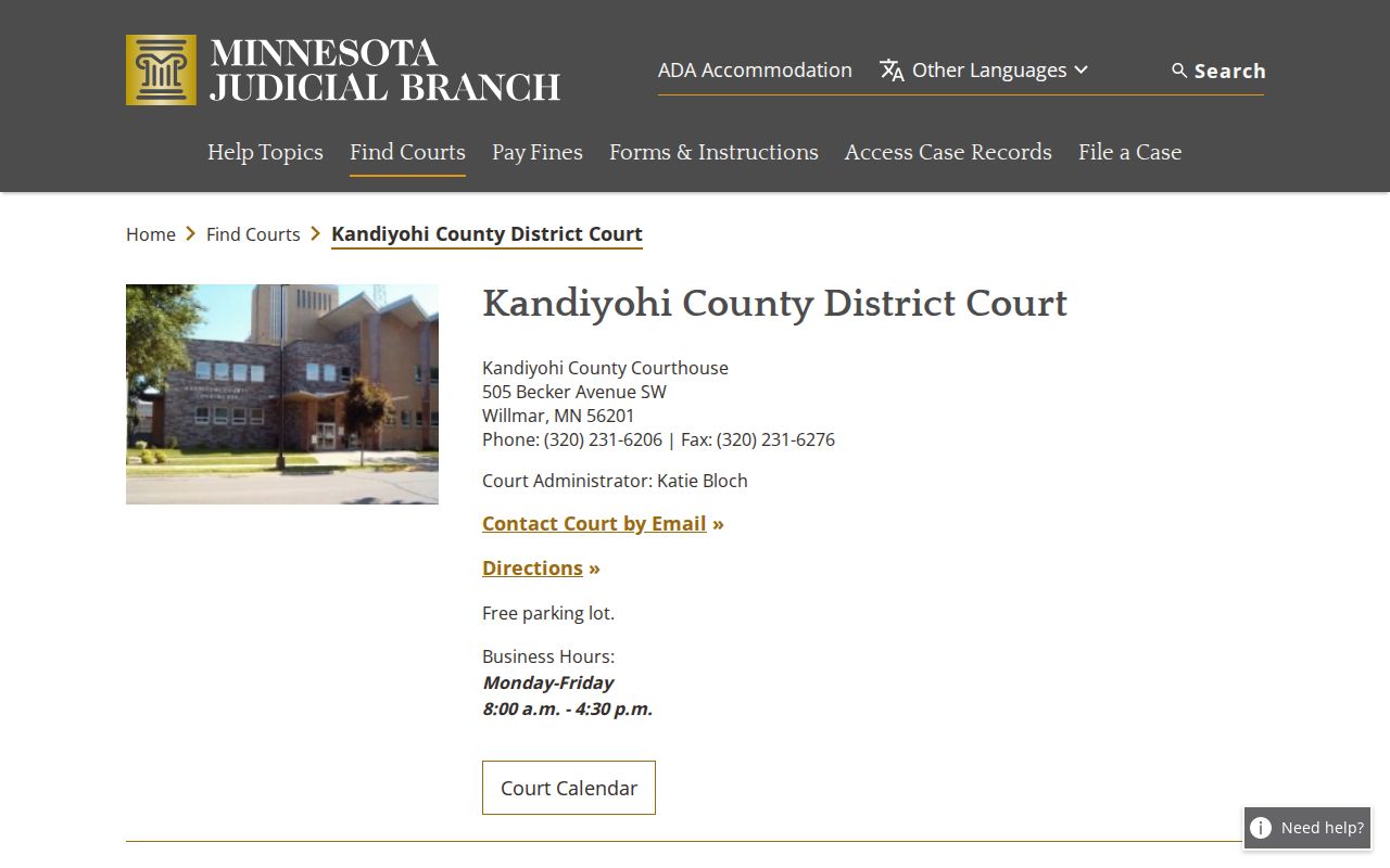 Kandiyohi County District Court release record contact page